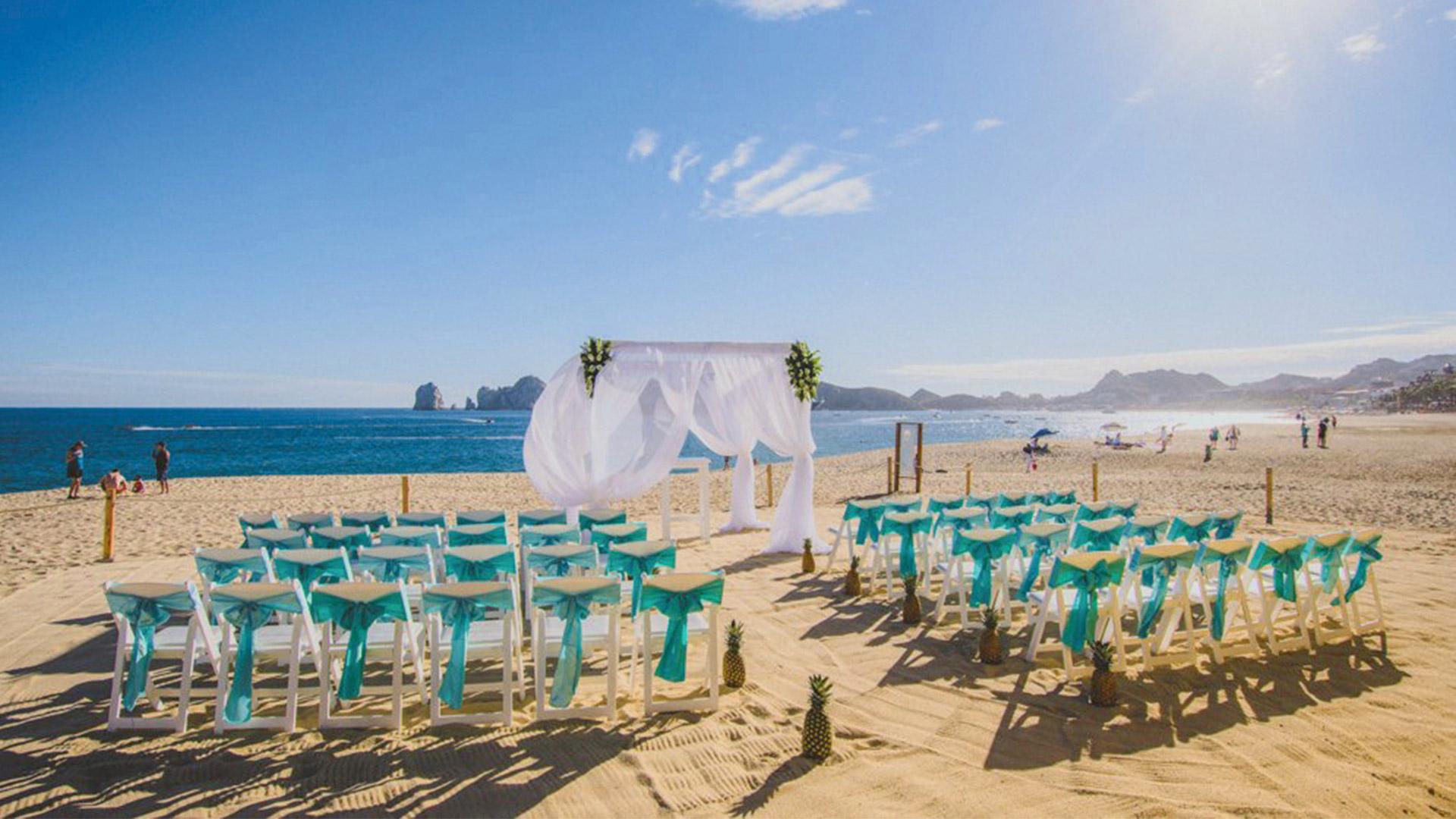 Wedding ceremony set-up on the beach at Hotel Riu Palace Baja California