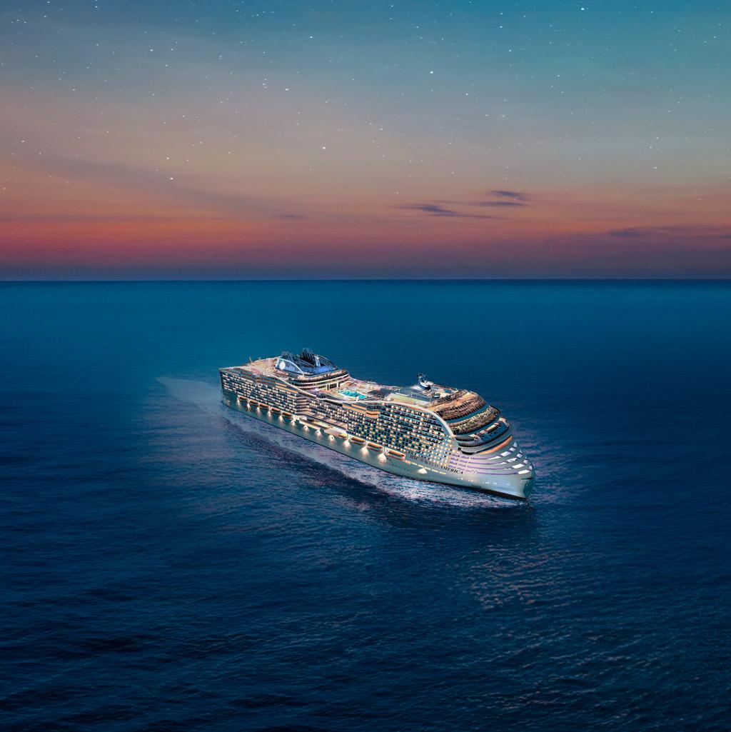 MSC America in the middle of the ocean at sunset